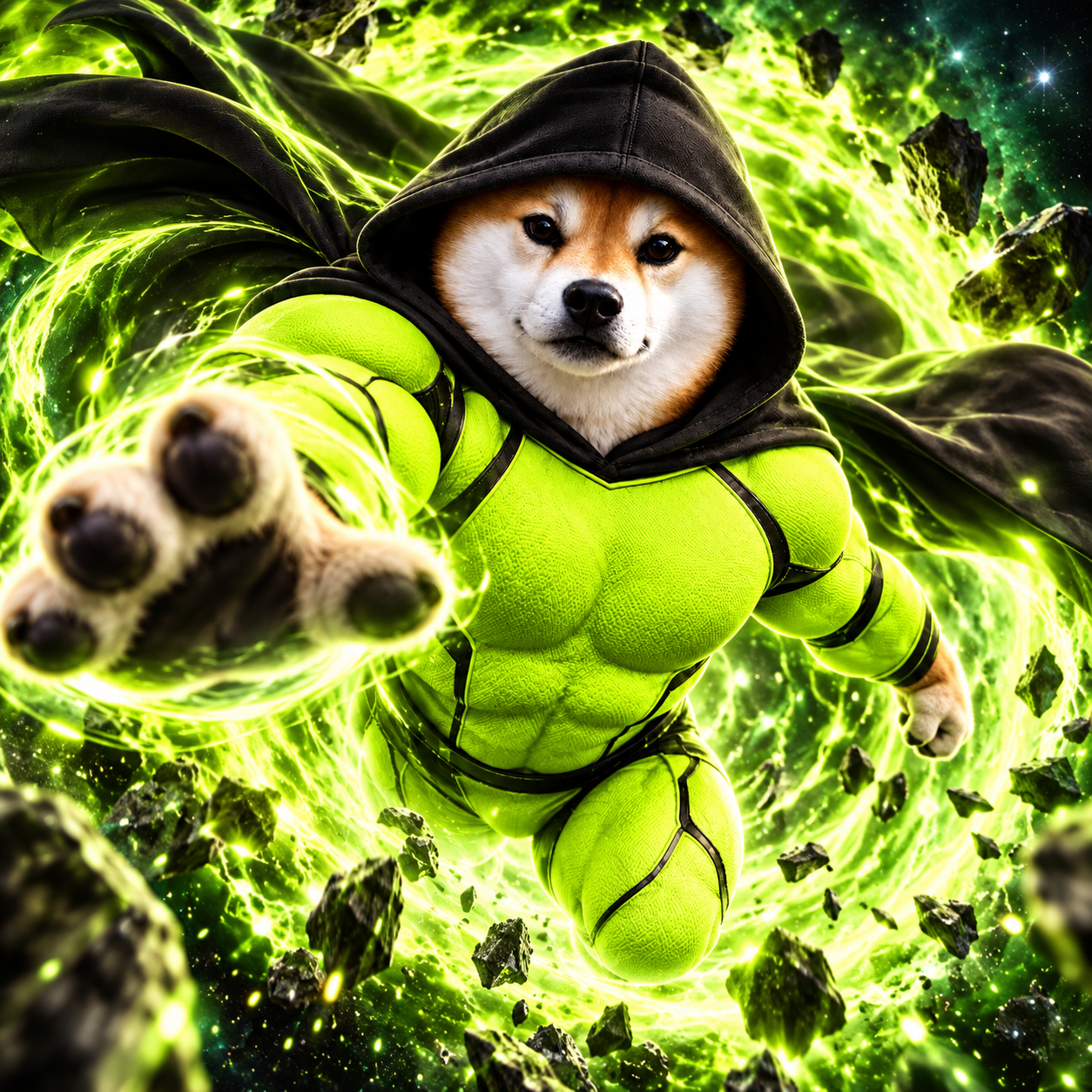 Hood Inu stepping through a swirling emerald portal